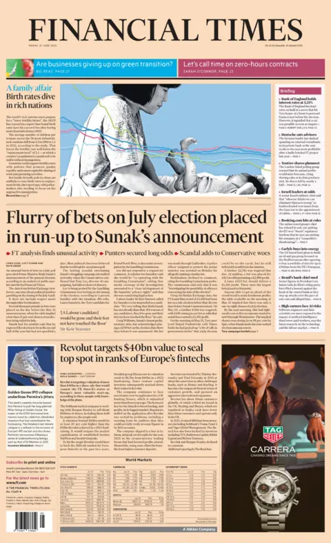 The headline on the front page of the Financial Times reads: “Flurry of bets on July election placed in run-up to Sunak's announcement"